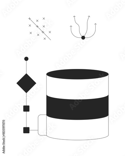 Database with scatter plot and flow diagram 2D line objects set. Data science. Server technology and analytics isolated cliparts vector ink outline items. Monochrome spot illustrations collection