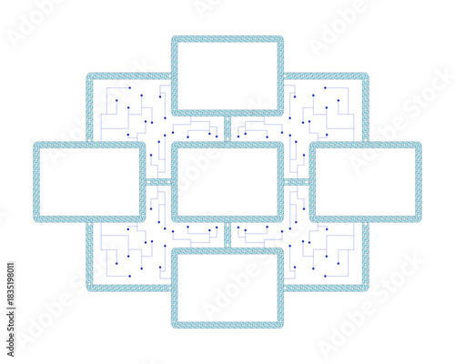 Blank blockchain network with digital connections 2D cartoon object. Interconnected empty blocks with circuits and chains links isolated element flat vector clip art on white. Spot illustration