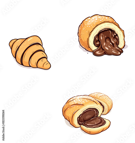 Vsai croissant and chocolate pastries vector illustration set