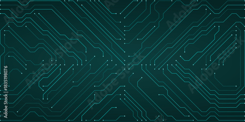 Teal circuit board design with bright cyan lines and nodes on a dark teal gradient, representing digital networks and advanced technology concepts