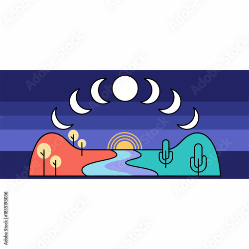 minimalist moon phases over desert landscape a tranquil nature scene with a river flowing between red hills and teal cacti evoking serenity and peace