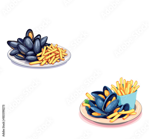 Vsai french fries and mussels belgian dish illustration