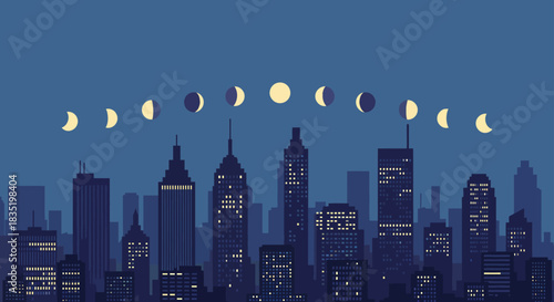 moon phases over cityscape illuminated city skyline against the night sky ideal for astronomy blogs urban development and celestial events.