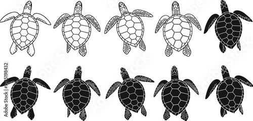 Sea Turtle Vector Illustration Set, Swimming Marine Reptile Outlines and Black Silhouettes Collection, Endangered Ocean Wildlife Graphic Element, Nature and Conservation Theme