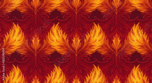 mythological phoenix feather pattern design a vibrant ornamental backdrop in rich reds and golds ideal for fantasy art branding or themed backgrounds