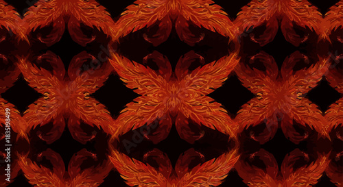 mythological phoenix feather pattern a fiery display of vibrant orange and red hues creating an intricate fractal background ideal for fantasy-themed designs textiles and wallpapers