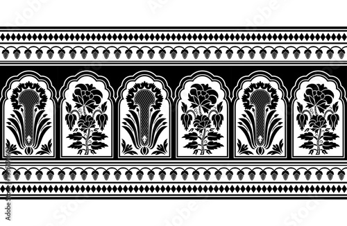 Black and white seamless floral pattern, horizontal brushes. Indian art legacy. Indian, Arabic, Middle East classic style. Suzani style. 
