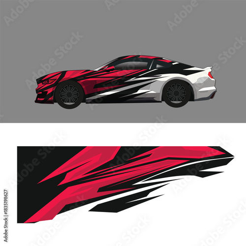 A high-quality vector car wrap design featuring a bold, modern, and aggressive racing style.