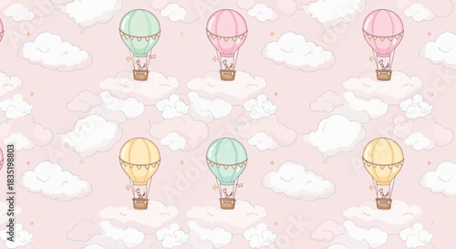 Pastel hot air balloon pattern with fluffy clouds whimsical design for nursery decor baby shower invitations and childrens fashion prints seamless repeat.