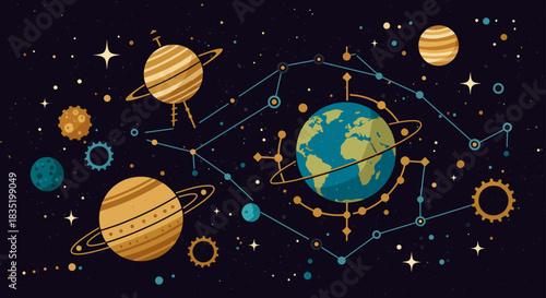 retro cosmic art featuring planets constellations  gears in dark space for steampunk themes perfect for science  astronomy projects