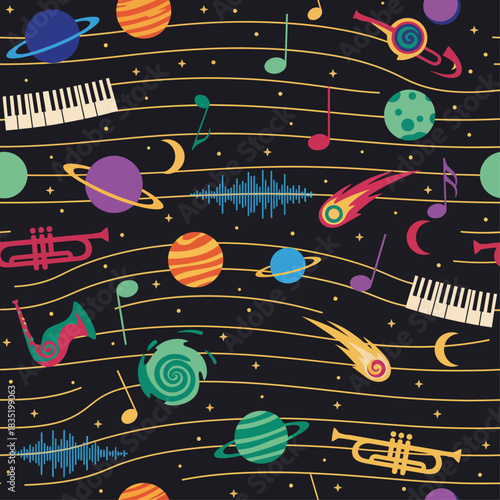 retro cosmic symphony pattern featuring planets musical notes and instruments on a black background with gold lines ideal for creative backgrounds