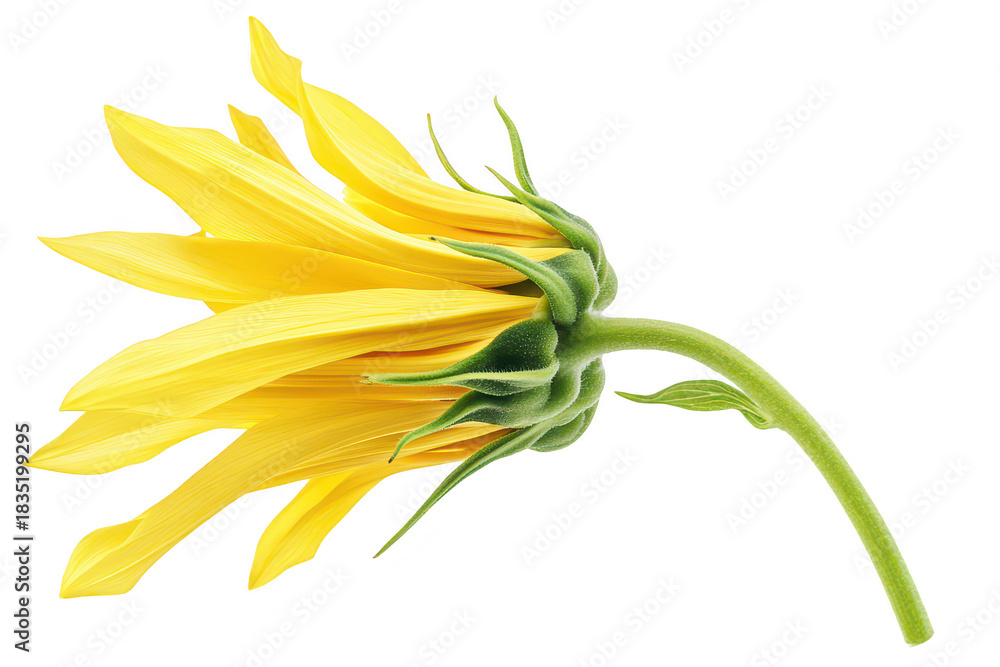 Obraz premium A yellow sunflower captured in a side view. its intricate petals and green stem. set against a clean white background. ideal for nature-themed designs and educational materials