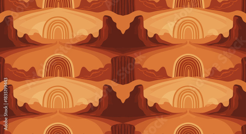 Seamless desert landscape pattern repeating background illustrating arid terrain canyons and arches in warm earthy tones for textile and wallpaper design