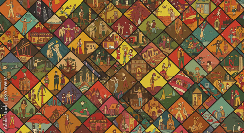 seamless kinetic art patchwork featuring people and architecture creating a lively and intricate background pattern perfect for creative projects