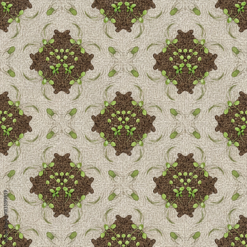 Seamless pattern design with green sprouts a repeating decorative background on textured fabric for textiles wallpapers and surface coverings.