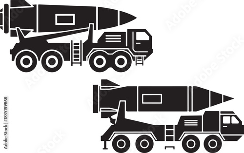 Military missile launchers mounted on tactical transport trucks