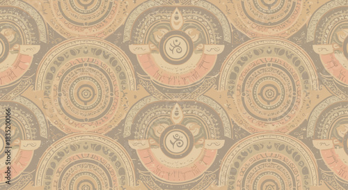 seamless pattern repeating design bohemian style background evoking ancient civilizations ideal for fabric design home décor or spiritual themes.