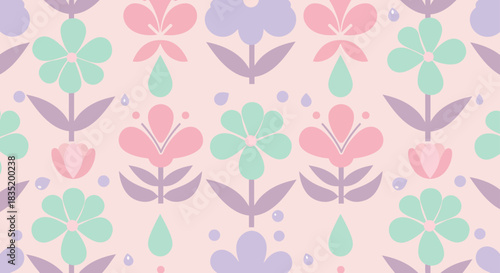 seamless pattern repeating design of pastel flowers in pink green and purple hues ideal for backgrounds textiles or wallpaper conveying a calm spring feeling