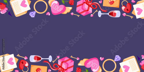 Romantic Valentine day border with heart, rose, wine glasses, ring gift and lock in flat style. Design for romantic card and invitation.