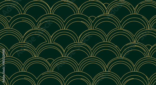 seamless pattern repeating design with stylized golden arches on dark green background evoking art deco elegance for wallpapers and textile designs
