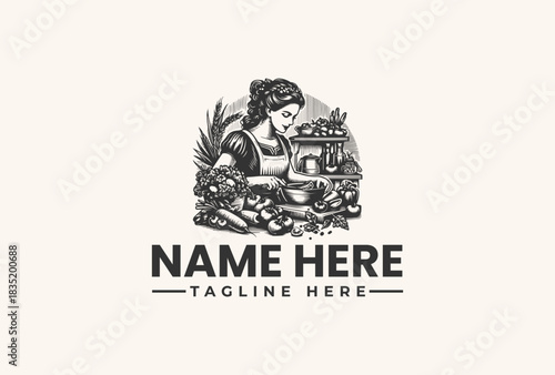 Vector illustration logo of a woman with fresh produce for a farmers market or organic food business