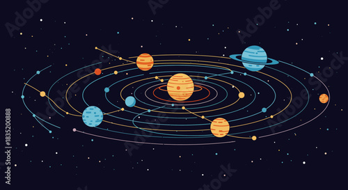Solar system illustration planets orbiting a star within colorful orbits against a space background ideal for astronomy education and scientific visualizations.