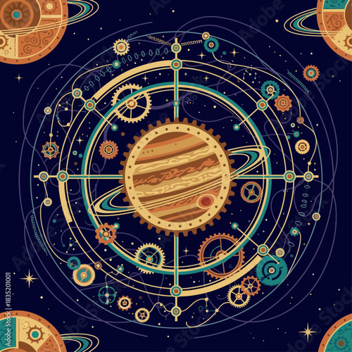 steampunk retro cosmic planet orchestrating a celestial dance with clockwork precision against a dark space background ideal for science themed designs.