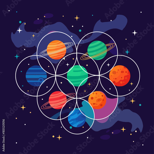 stylized astronomical pattern planets orbiting in a cosmic arrangement perfect for educational materials showcasing celestial wonders and graphic design elements.
