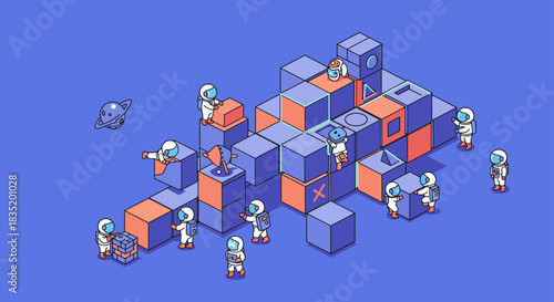team of astronauts building blocks in space constructing a collaborative project with creative problem-solving ideal for teamwork and innovation concepts