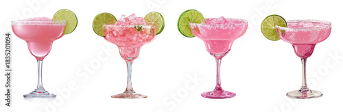 Set of pink cocktails with lime slice. Glasses with alcoholic pink drinks. Party drinks and festive alcoholic drinks Hand drawn bar elements. Festive whimsical cocktails