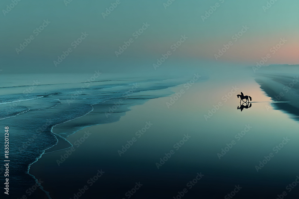 Naklejka premium Serenity of a Misty Beach with Lone Horse at Dawn - Tranquil Landscape for Calmness and Reflection