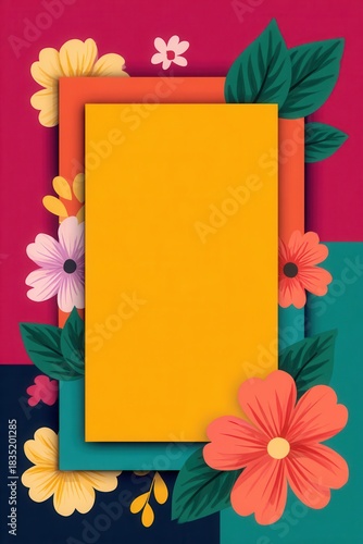 Colorful Geometric Frame with Bold Floral Shapes on Vibrant Background
