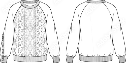 Oversize Raglan Sleeve Sweatshirt CAD Drawing Flat Vector Illustration Technical Sketch Fashion Template Design Casual Apparel Clothing Top Garment