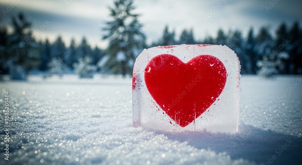 Fototapeta premium Red Heart Encased in Ice – Symbolic Winter Scene with Snow and Emotional Contrast 