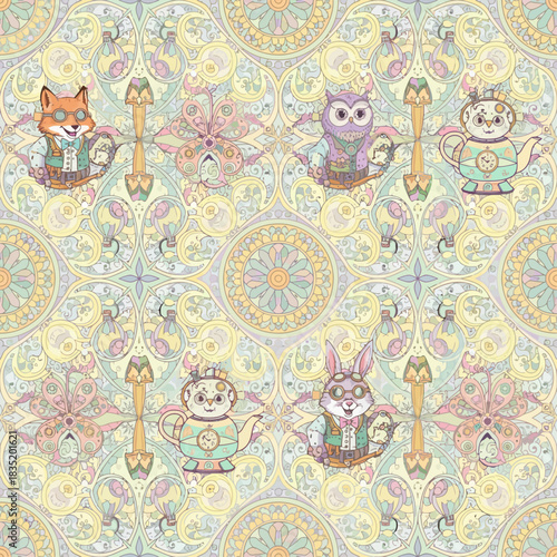 whimsical animal inventors pattern fox owl teapot bird rabbit characters with steampunk gears on a pastel quirky background for kids design