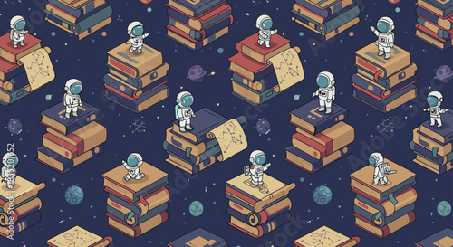 whimsical astronaut pattern spacemen exploring knowledge on book stacks against a cosmic backdrop perfect for kids books emphasizing curiosity and learning