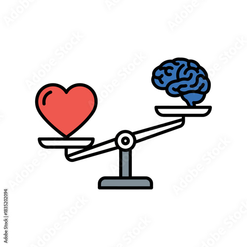 Balancing brain and heart weighing logic versus emotion for decision making illustrating mental health creativity and emotional intelligence concept.