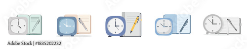 Productivity Clock And Notebook Icon Set For Office Work Design