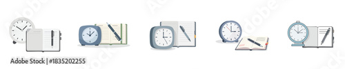 Productivity Time Management Icons Set With Clock And Planner