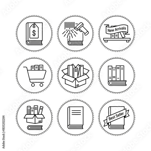 Bookstore icons illustration concept for selling books scanning new arrivals shopping cart delivery box bestseller tag ideal for online shop