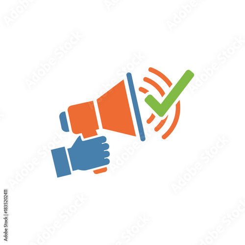 bullhorn marketing success promoting with a megaphone a blue hand holds indicating effective advertising and reaching a target audience effectively.