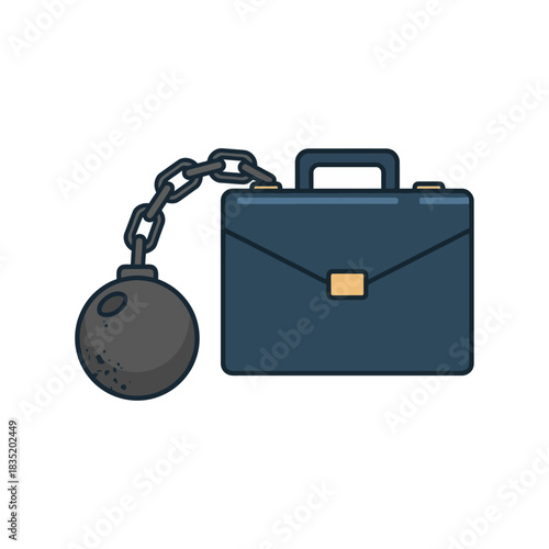Business debt burden briefcase chained to a ball and chain illustrating financial strain corporate responsibility and the weight of obligations.