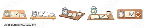 Morning Planner Desk Illustration Set With Alarm Clock And Coffee
