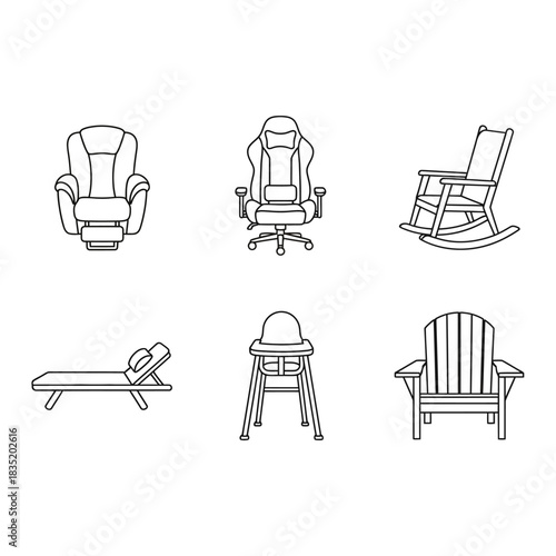 chairs outline icons relaxer chair gaming chair rocking chair lounge chair high chair and adirondack chair perfect for furniture design and interior design.