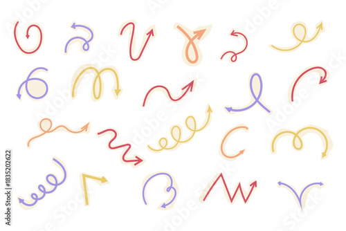 Spiral arrow doodle, collage cutout wavy twist minimal squiggly line set. Curve comic turn way cut out direction. Playful quirky simple free hand elements. 