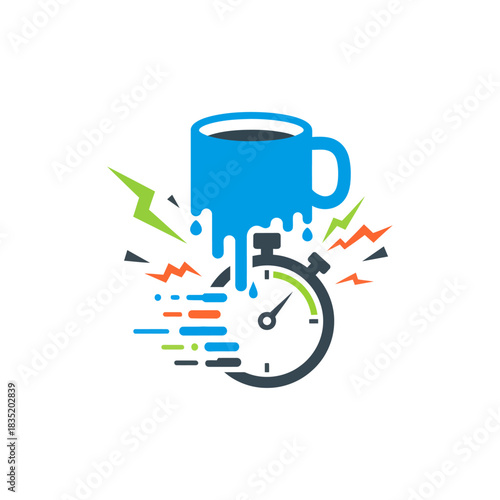 coffee break timing concept a blue coffee mug drips onto a timer indicating a quick break from work ideal for illustrating urgency  deadlines.