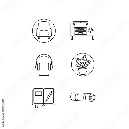 Comfortable lifestyle design elements armchair laptop plant journal headphones  yoga mat for healthy living illustrating relaxation and work life balance.