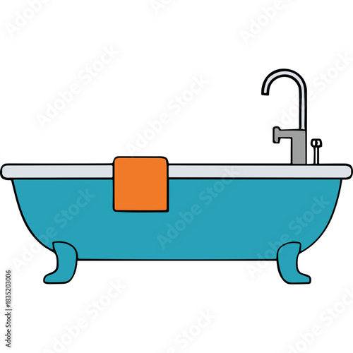 Turquoise Clawfoot Bathtub with Orange Towel and Silver Faucet Against Black Background Vector Illustration