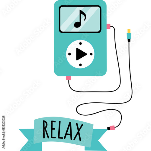 Turquoise digital music player with play button and musical note icon displaying the word Relax on a teal ribbon with confetti accents on a black background