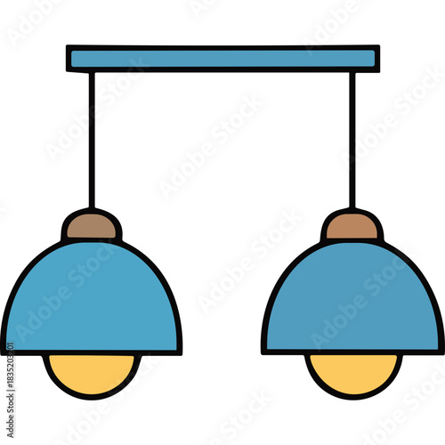 Two Blue Dome Shaped Pendant Lights with Yellow Bulbs Suspended from a Black Horizontal Bar on a Black Background